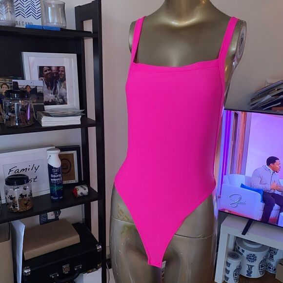 Neon, pink high, cut adjustable strap bodysuit . So small. Snap crotch - Picture 3 of 7